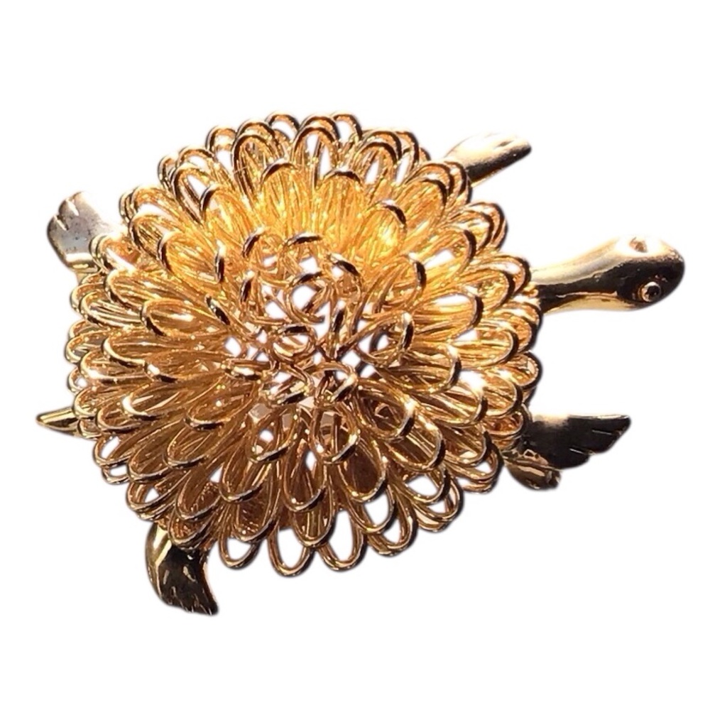 Turtle Brooch Gold Tone Metal Tortoise Shell Loops Costume Jewelry Vintage